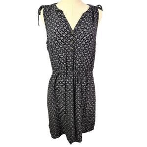 Lucky Brand Boho Batik Drop Waist Cinched Dress, Pockets, Navy & White, Sz Med